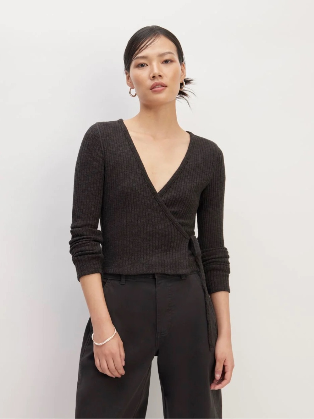 Everlane Cozy Rib Knit Wrap Long Sleeve Organic Cotton Tie Top in Dark Grey S